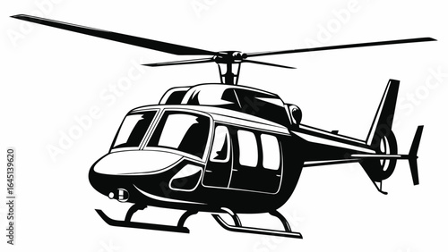Illustration of a black and white helicopter with a detailed rotor and landing gear design displayed clearly silhouette