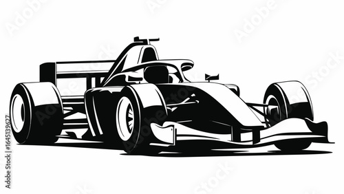 Illustration of a sleek black and white formula one race car with aerodynamic design and open cockpit view silhouette