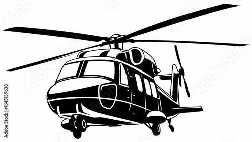 Illustration of a black and white helicopter with rotating blades against a white background design element silhouette