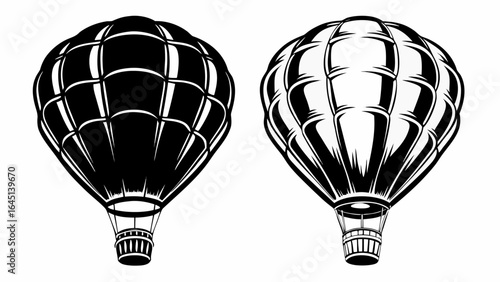 Two hot air balloons in black and white with detailed basket and balloon design illustration style silhouette