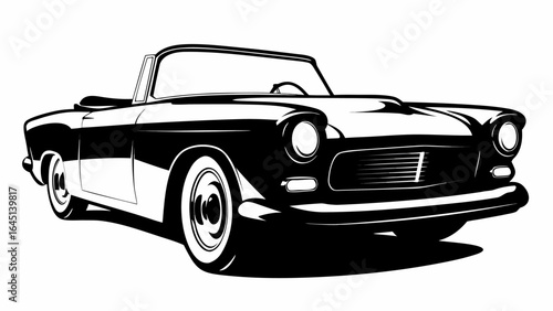 Illustration of a classic black and white convertible car with detailed features and sleek design style silhouette