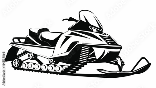 Illustration of a snowmobile with tracks and skis in black and white vector design for winter activities silhouette