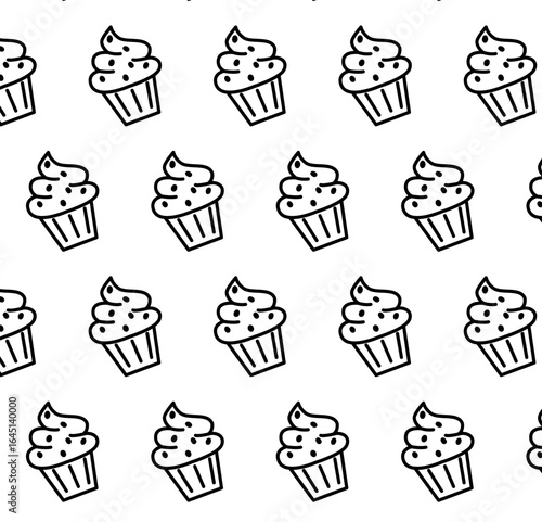 Seamless pattern with cupcakes in hand drawn outline style vector black and white perfect for bakery packaging cafe menu wrapping paper textile design and sweet dessert themed backgrounds