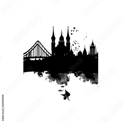 Black silhouette of city panorama on white background.