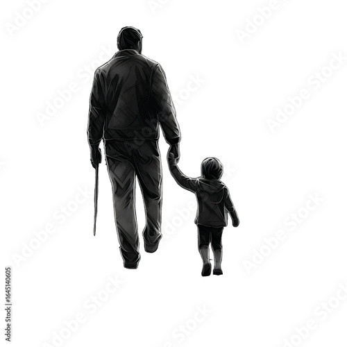 Black silhouette of father with son on white background.