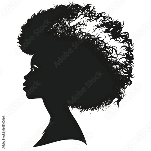 Black silhouette of a woman with afro-textured hair on white background.