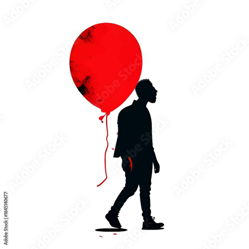 Black silhouette of a man with a balloon on grey background.