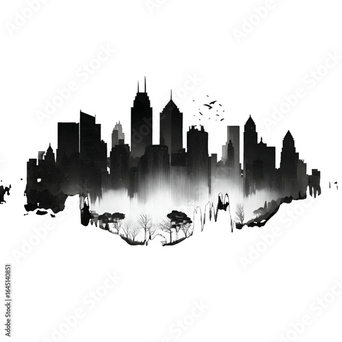 Black silhouette of buildings on white background.