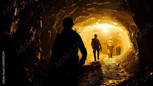 Miners silhouettes walk through a dark tunnel with a bright light at the end of the passage way