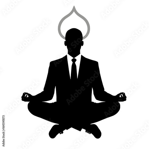 Black silhouette of a meditating man on white background.