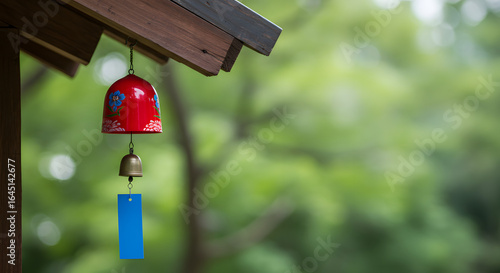 Colorful Red Bell Wind Chime Hanging from Wooden Roof in Green Natural Environment