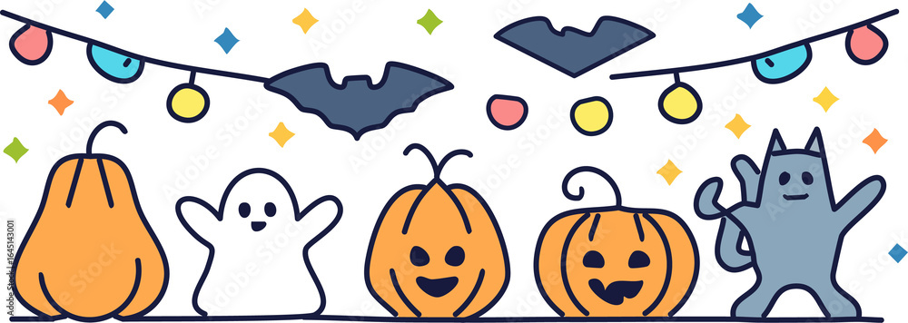 Naklejka premium adorable Halloween characters: ghost, bat, pumpkin, black cat, holding treat bags and candy, smiling under Halloween lights.
