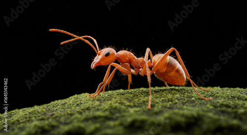 Close-up of Red Ant Walking on Green Moss with Transparent Background