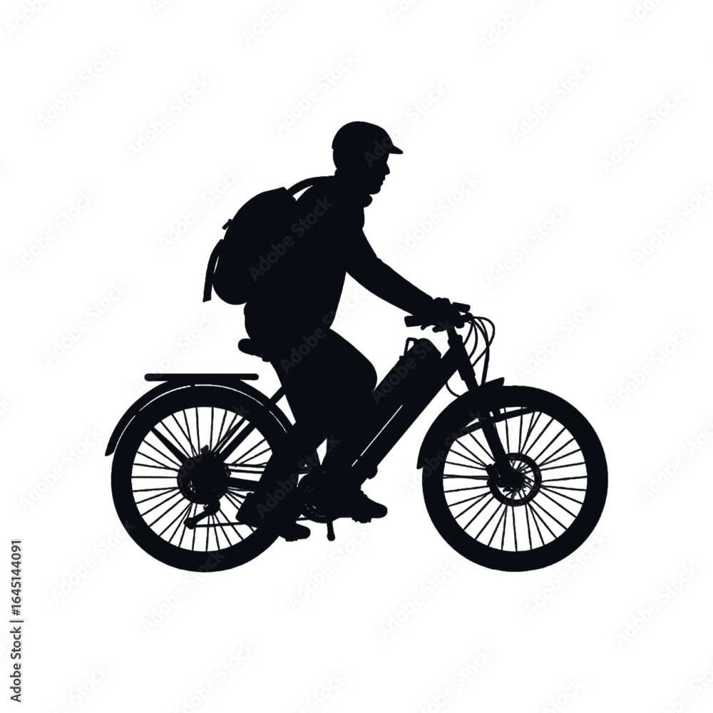 Fototapeta premium Black silhouette of a man on a bike, cyclist on white background.