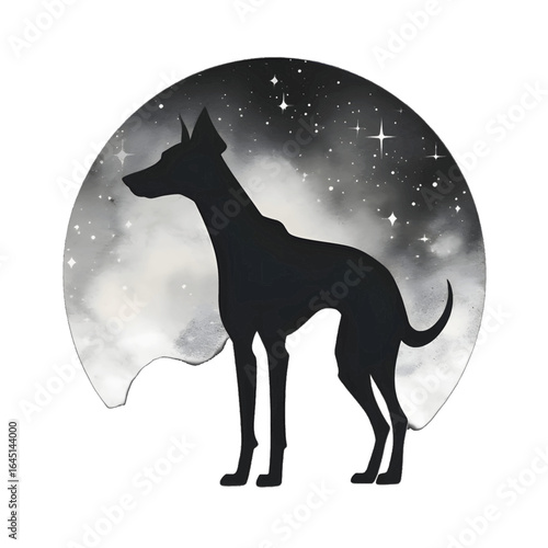 Black silhouette of a dog on white background.