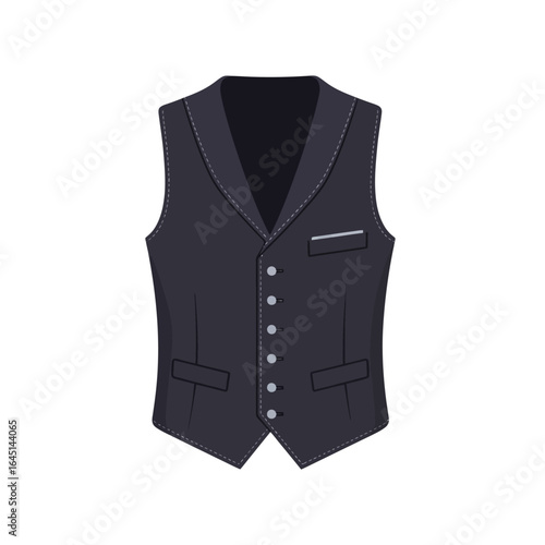 A dark gray waistcoat, formally styled with buttons and pockets, shown against a white background.