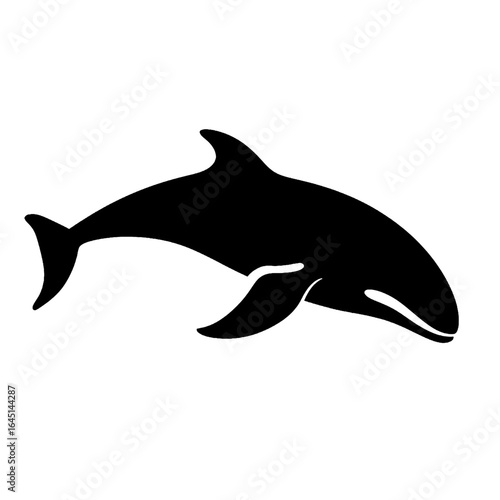 Black silhouette of a whale, dolphin, fish on white background.