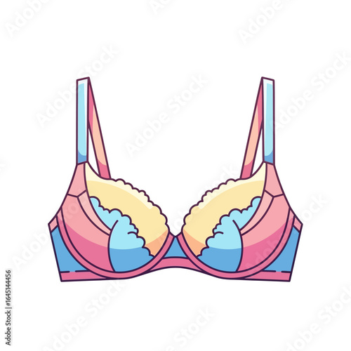 Illustrated bra with pink, blue, and yellow colors, featuring delicate lace detailing.