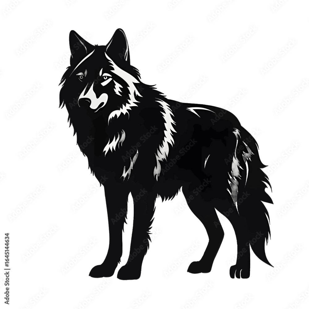Naklejka premium Black silhouette of a wolf on white background.