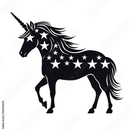 Black silhouette of a unicorn with stars on white background.