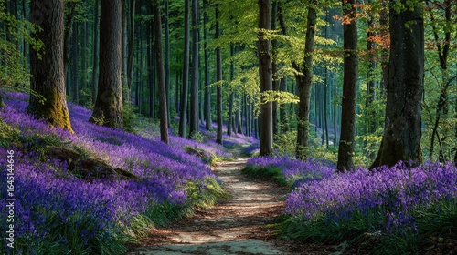 Sunlit path through a vibrant purple forest floor