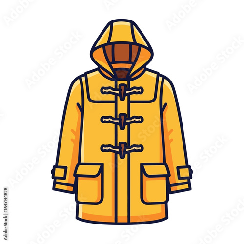 A bright yellow duffel coat with a hood, toggles, and pockets, depicted in a cartoon style.