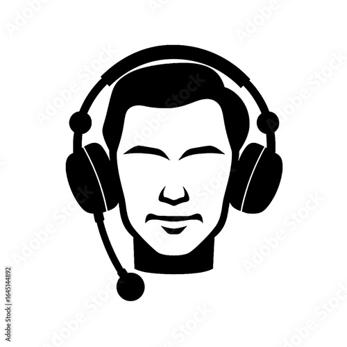 Black silhouette, tattoo of a man's head in headphones on white background. Vector.