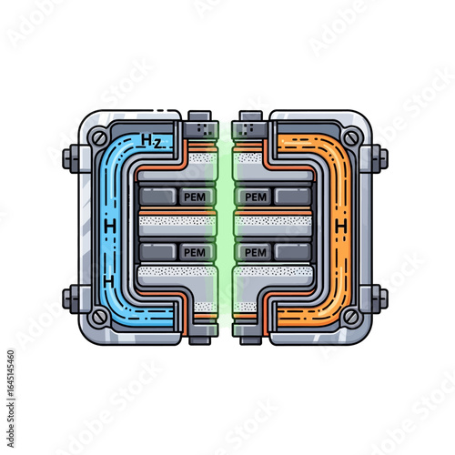 Cross-section diagram illustrating a hydrogen fuel cell's internal components and energy conversion process.