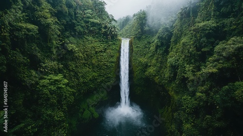 Foto A stunning waterfall cascades through lush greenery, surrounded by dense vegetation and mist, creating a serene and picturesque natural scene