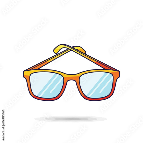 Illustration of orange framed eyeglasses with blue lenses, casting a light shadow on a white background.