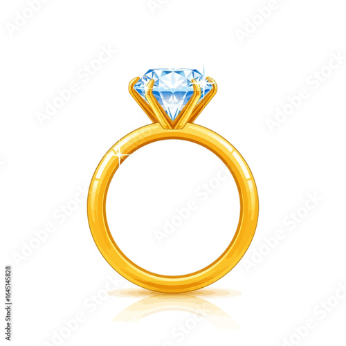 A radiant, gold engagement ring with a sparkling blue diamond centerpiece, isolated on white.