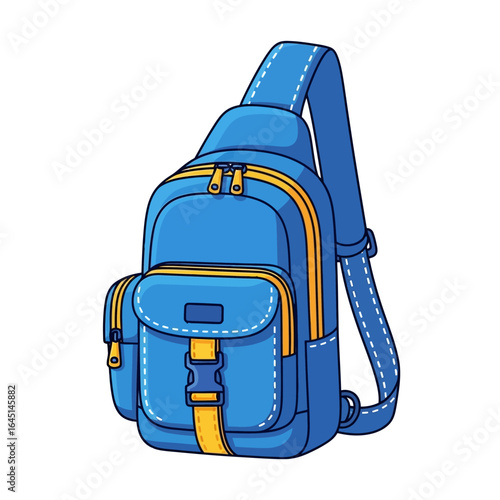 A vibrant blue crossbody bag with yellow accents, featuring multiple pockets and a comfortable strap.