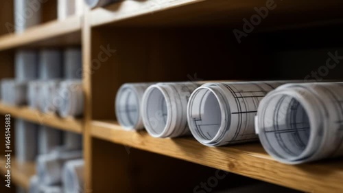Wallpaper Mural Architectural Blueprints:  Organized Rolled Drawings on Wooden Shelves Torontodigital.ca