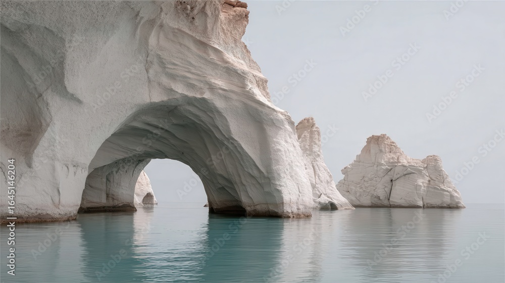 Fototapeta premium Stark white volcanic rock formations creating natural arches mirroring turquoise waters of aegean sea at sarakiniko beach, milos island, greece