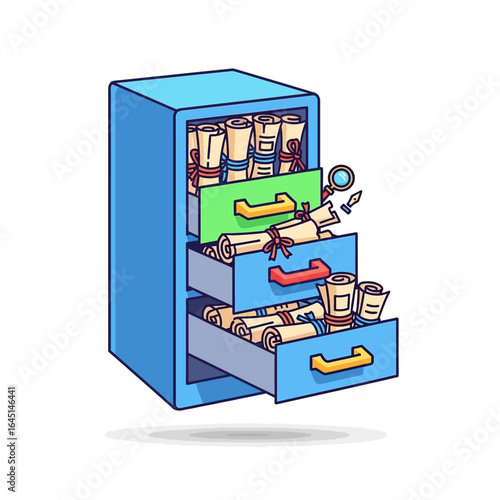 A blue filing cabinet with three open drawers, filled with rolled documents and scrolls.