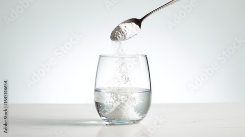 Measuring white powder spilling from metal spoon into glass of water, illustrating potential nutritional supplement or health risk on minimalist white surface