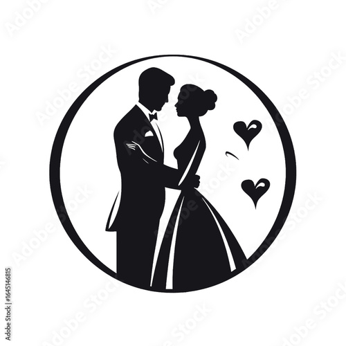 Black silhouette, tattoo of a couple of man and woman in love in a circle on white background. Vector.