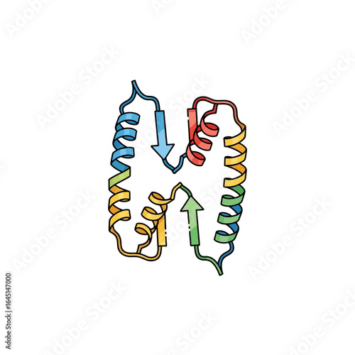 Illustration of a complex protein structure, showing colored helix and sheet formations.