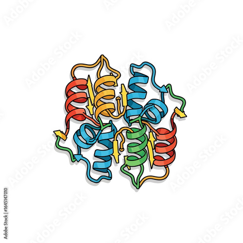Cartoon illustration of a protein structure with alpha helices and beta sheets, colored in red, green, blue, and yellow.
