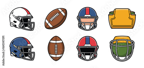 Collection of american football helmets and equipment