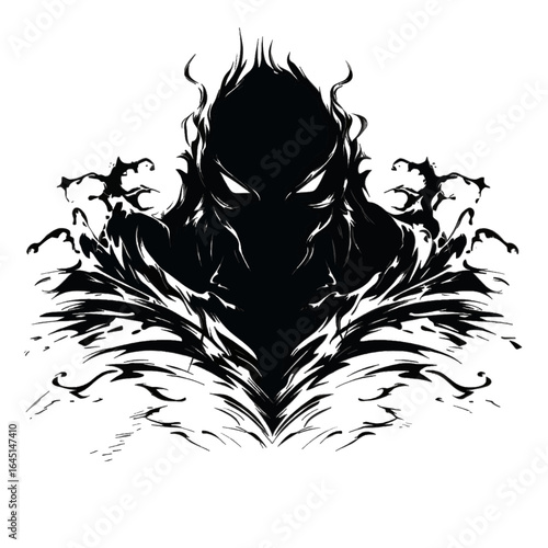 Black silhouette, tattoo of a dark monster, demon on white background. Vector.