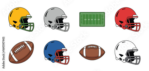Collection of american football helmets and balls with a field
