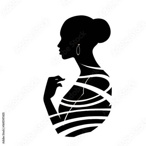 Black silhouette, tattoo of a woman on light background. Vector.
