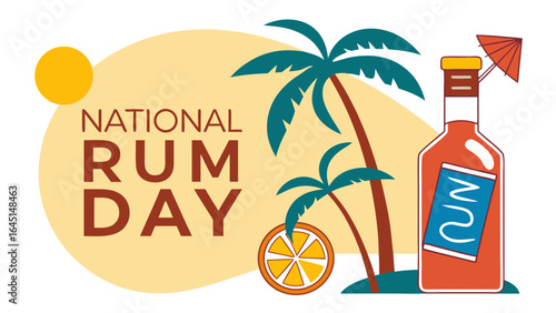 Celebrate national rum day with tropical drinks featuring palm trees, sun, and orange slices vector art