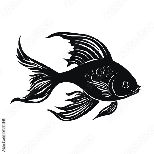 Black silhouette, tattoo of a fish on white isolated background. Vector.
