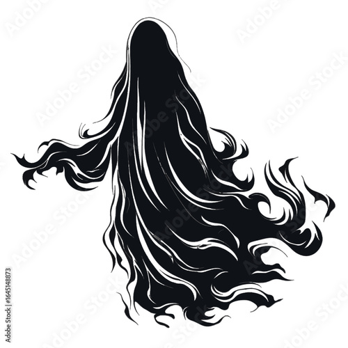 Black silhouette, tattoo of a ghost on white isolated background. Vector.
