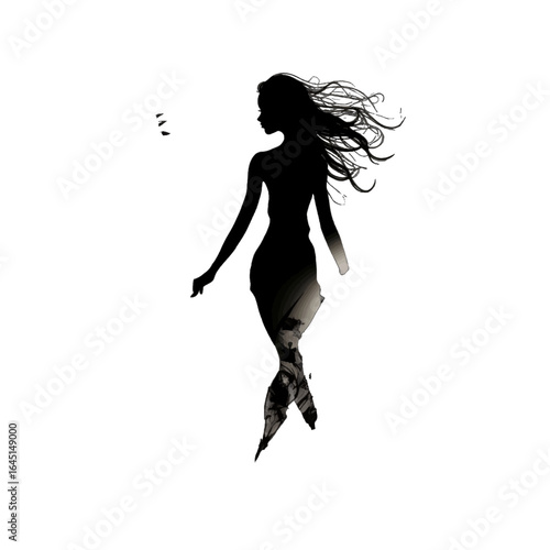 Black silhouette, tattoo of a woman among flowers on white isolated background. Vector.