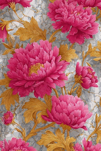 Floral pattern on a marble-like background.  Pink chrysanthemums with gold leaf-like details