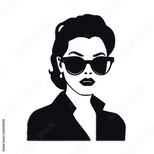 Black silhouette, tattoo of a woman with glasses on white isolated background. Vector.