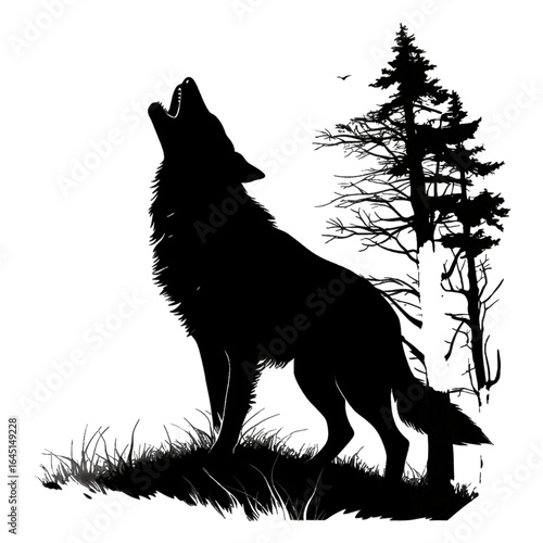 Black silhouette, tattoo of a howling Wolf on white isolated background. Vector.